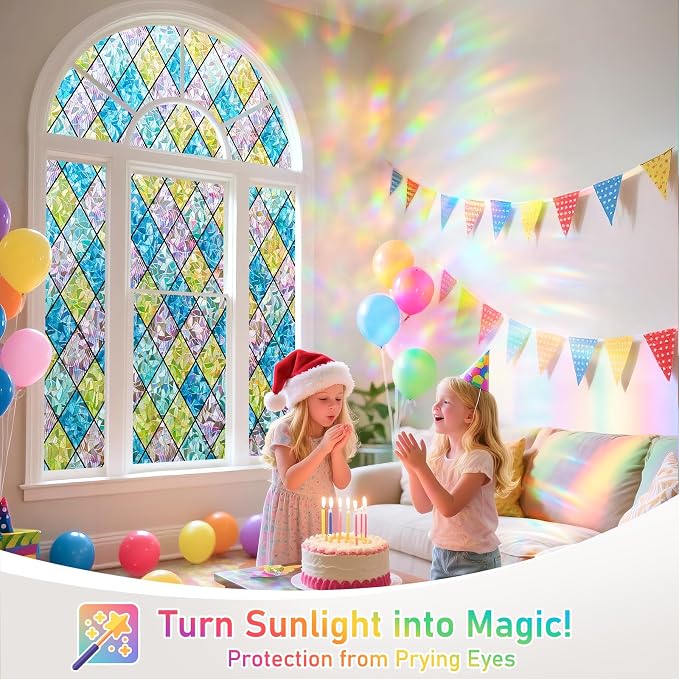 Sunbaby Window Privacy Film Stained Glass Decorative Rainbow Window Cling 3D Static Clings Colorful for Home Decoration, Anti-UV & Heat Control Non-Adhesive (29.5"x78.7")