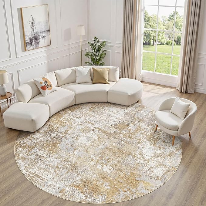 Tortania Washable 12' Round Area Rug for Living Room: Modern Abstract Neutral Large So' Thin Rugs - Non Slip Indoor Carpet for Bedroom Dining Room Office Nursery Home Floor Decoration - Brown Grey