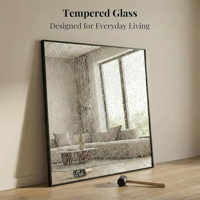30"x30" Matte Black Framed Square Bathroom Vanity Wall Mirror | Accent Wall Mirror, Square Geometric Look, Slim Metal Frame, Living Room, Entryway, Keyhole Mount, Tempered Glass