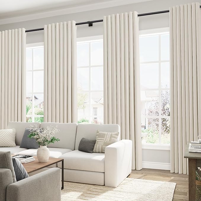 Jowels Beige Linen Blackout Curtains 85 Length 2 Panels Set for Living Room Bedroom, 100% Black Out Thermal Insulated Linen Drapes, Room Darkening Grommet Curtains 85 Inches Long