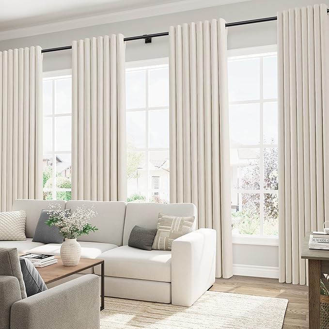 Jowels Beige Linen Blackout Curtains 106 Length 2 Panels Set for Living Room Bedroom, 100% Black Out Thermal Insulated Linen Drapes, Room Darkening Grommet Curtains 106 Inches Long