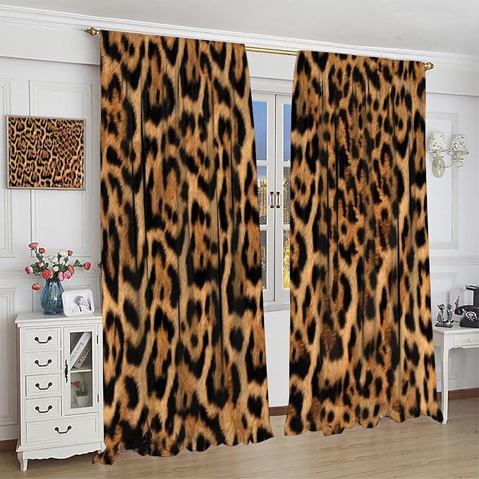 Leopard Print Blackout Curtain, Wild Animal Skin Black Brown Fur Leopard Print Curtains Rod Pocket Window Treatments 2 Panels Drapes for Dining Room Office Kitchen Bedroom Decor 84" W X 84" L