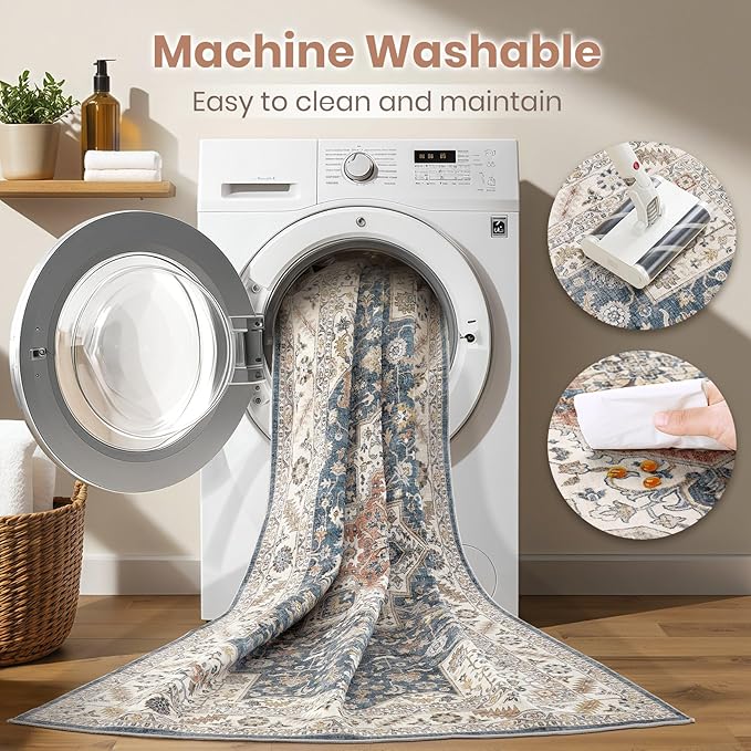 Vintage Living Room Area Rug 8x10 - Large Soft Washable Oriental Traditional Distressed Farmhouse Rugs for Bedroom - Indoor Floor Accent Carpet for Home Office House Decor - Vintage Blue