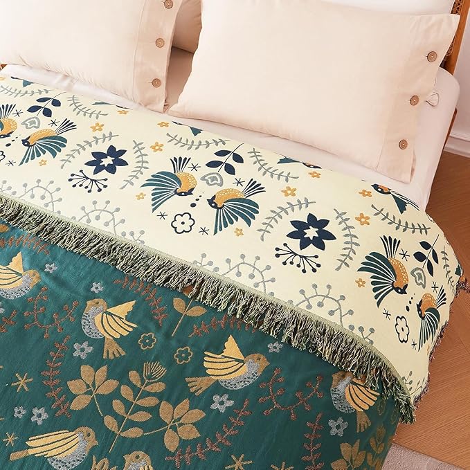 Queen Throw Blanket for Bed 100% Cotton Boho Soft Quilt Birds and Floral Double Embroidery Spring Breathable Bed Blanket,90"x90" Lightweight All Season Blankets for Bedding Couch Home Decor