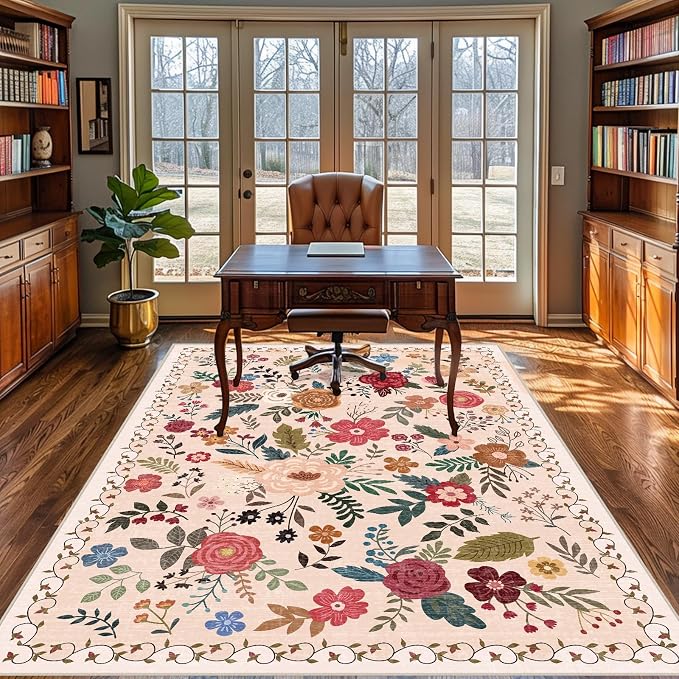 5x7 Area Rugs for Living Room Clearance Washable Boho Area Rug, Vintage Floral Non Slip Low Pile Large Rug for Living Room, Bedroom, Dining Room, Farmhouse (5 x 7 Beige Red)