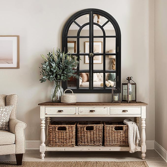 Arched Window Mirrors for Wall, Wooden Rustic Farmhouse Mirror for Wall Decor 28 x 40 Black, Decorative Wall Mirror Arch for Living Room, Bedroom, Bathroom, Fireplace, Farmhouse