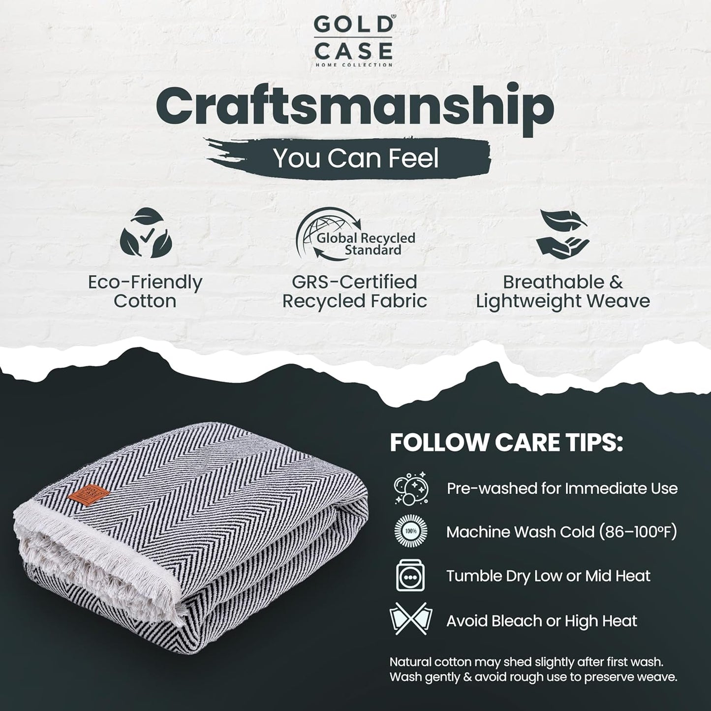 Gold Case Throw Blanket for Bed – 100% Recycled Turkish Cotton Bed Blanket – Decorative Throw Cotton Blankets for Living Room & Bedroom – Elegant Black Woven Queen Blankets – 90x90