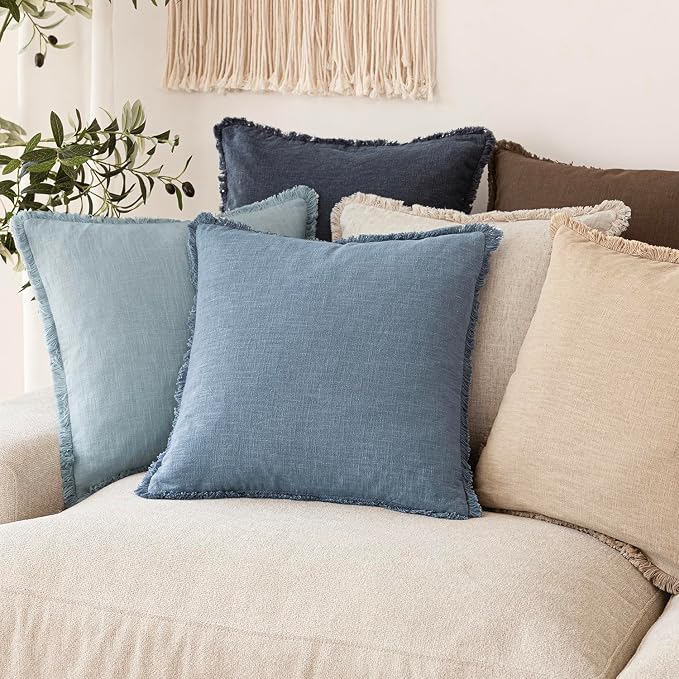 Foindtower Set of 2 Decorative Linen Fringe Throw Pillow Covers Cozy Boho Farmhouse Cushion Cover with Tassels Soft Accent Pillowcase for Couch Sofa Bed Living Room Home Decor, 16×16 Inch, Misty Blue