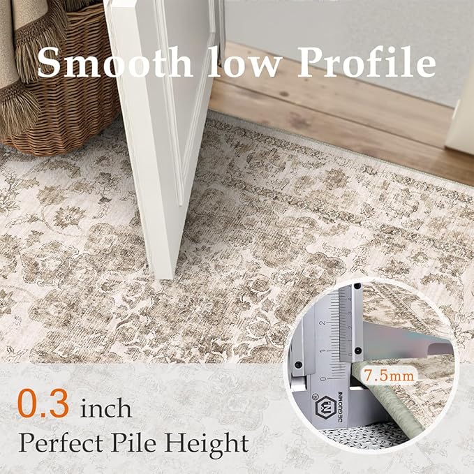3x5 Washable Neutral Area Rug Brown Vintage Entryway Office Carpet Non-Slip Soft Low Pile Farmhouse Throw Rug for Entrance Living Room Bathroom Dining Room