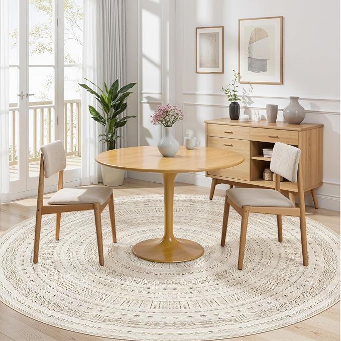 cotiled 8x8 Round Area Rugs Living Room Rug: Washable Boho Rugs with Non Slip Backing Large Soft Indoor Stain Resistant Carpet for Bedroom Farmhouse Dining Room Lightweight Home Decor Brown/Cream