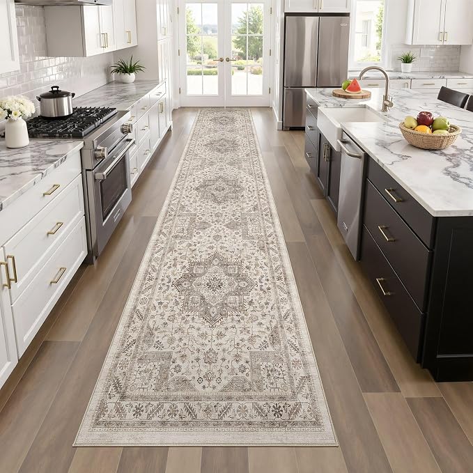 Vintage Hallway Runner Rug 2x6: Large Soft Washable Entryway for Kitchen Laundry Room Non-Slip Backing Runner for Entrance Living Room Bedroom Bathroom - Light Brown