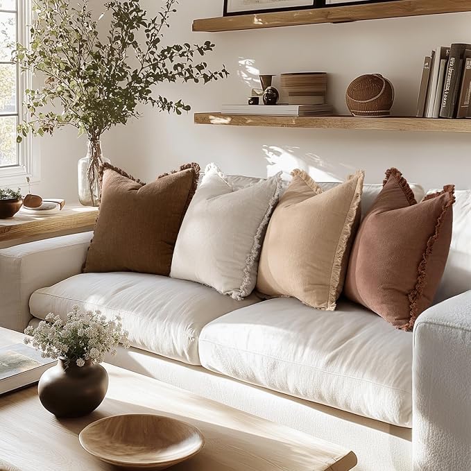 MIULEE Decorative Couch Pillow Covers Neutral Linen Fringe Throw Pillows Set of 4 Accent Rustic Cushions Boho Farmhouse Pillowcases for Bed Sofa Living Room Spring Home Decor 24x24 Inch Beige/Brown