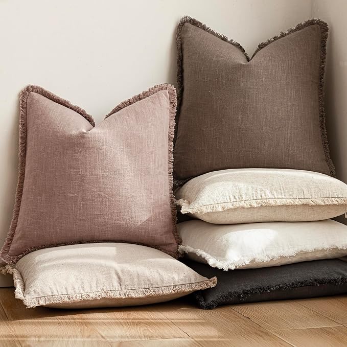 Foindtower Set of 2 Decorative Linen Fringe Throw Pillow Covers Boho Farmhouse Cushion Cover with Tassels Soft Accent Pillowcase for Couch Sofa Bed Living Room Home Decor,24×24 Inch,Dusty Pink
