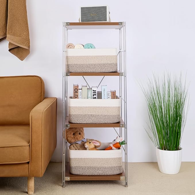 MiniArk Large Storage Baskets for Shelves, Closet Organizers Bins for Clothes Blanket Towels, Baby Nursery, Toy Baskets Box, Woven Rope Baskets, 17 x 13 x 7.5”, 2 Packs Gradient Brown