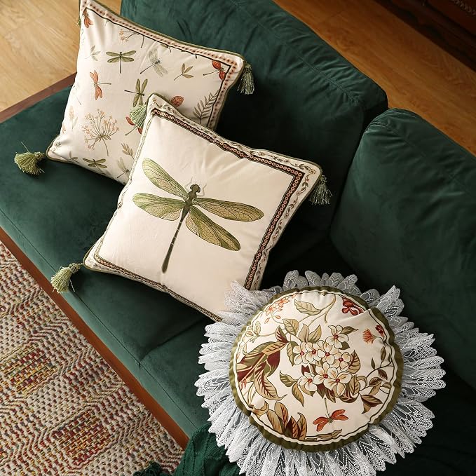ISAENNE Designer French Velvet Throw Pillow Cover,18"x18" Set of 2-Grace C | Pillow Cover,Concealed Zipper Design,Dragonfly Pattern,Sofas,Bedroom,Living Room,Lounge Chairs,All Season Home Decor