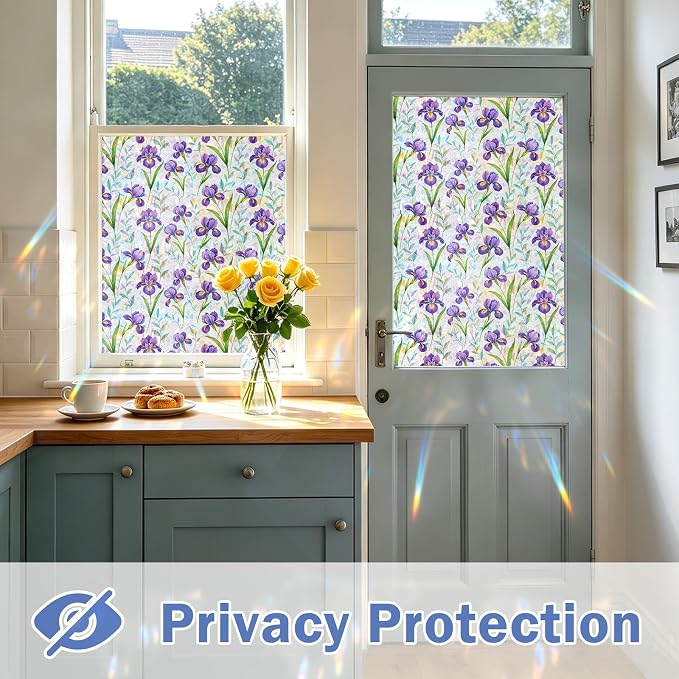 Stained Glass Window Film, Rainbow Privacy, One Way Decorative Tint, Static Cling, Renter Friendly for Home Bathroom Door