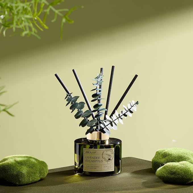 Airkeep Reed Diffuser Set with 6.76 fl oz Lavender Eucalyptus Scent Essential Oils and 3 Leaves & 8 Diffuser Sticks,Bathroom Shelf Decor & Air Freshener, House Bedroom Office Decor & Gifts
