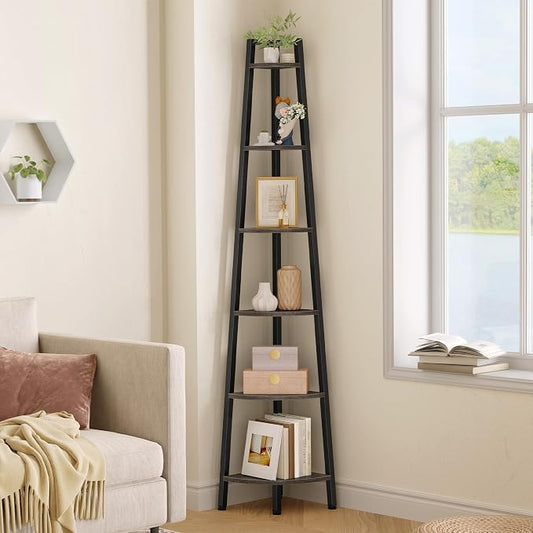 Hoctieon Corner Shelf, 6-Tier Corner Bookshelf, Rustic Ladder Shelf, Industrial Display Stand for Living Room, Kitchen, Home Office, Balcony, Small Space, Metal Frame, Grey