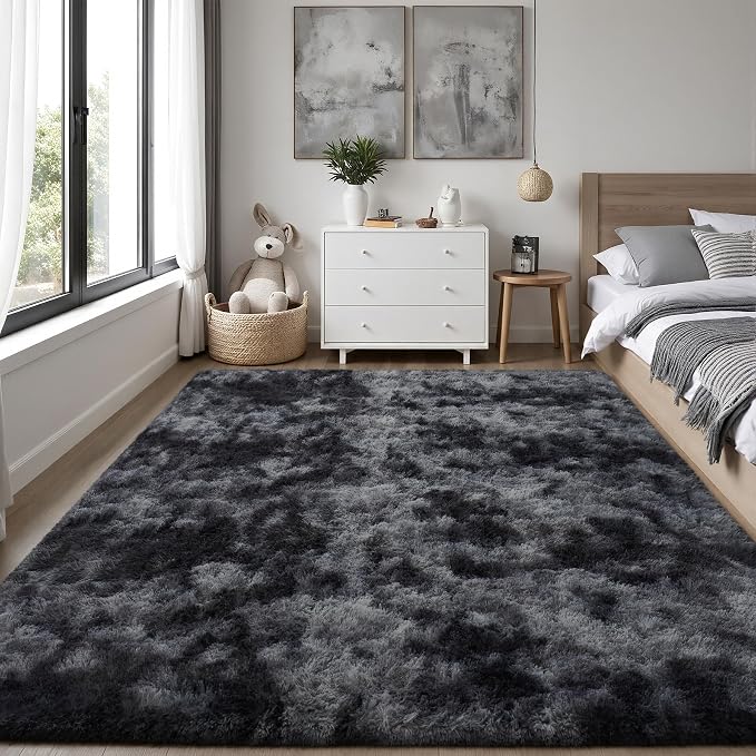 Area Rug for Living Room Bedroom: 4x6 Black Grey Soft Fluffy Shag Upgrade Non-Slip High Pile Carpet Large Fuzzy Plush Indoor Floor Decor Shaggy Rug for Kid Boys Girls Playroom Nursery Modern Home