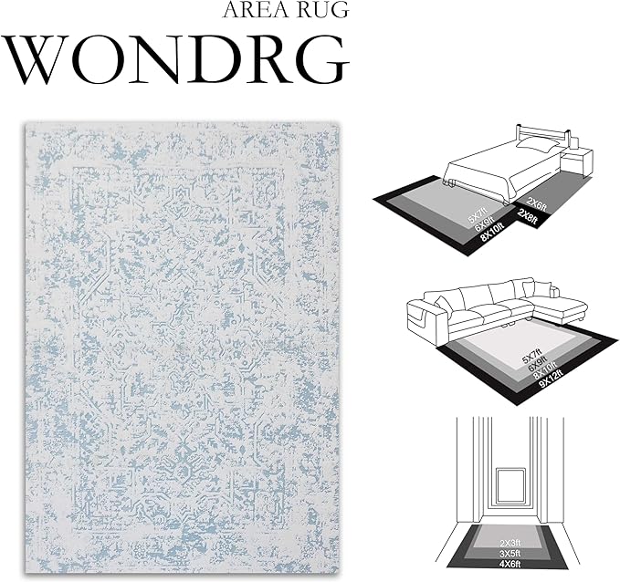 5x7 Fluffy Area Rug Blue Shag Neutral Throw Carpet for Living Room Soft Medium Pile Floral Throw Rug for Bedroom Dorm Office Dining Room Kitchen Modern Decor