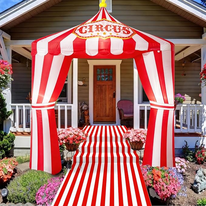 10ft Carnival Circus Tent Party Decorations, Red and White Striped Inflatable Arch with Build in LED Lights, Blow Up Tent and Floor Runner for Circus Carnival Halloween Birthday Party Decorations