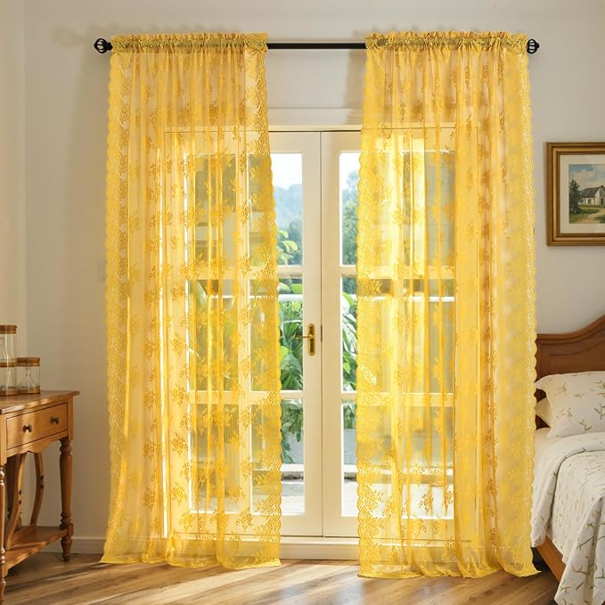 Kotile Gold Sheer Curtains 54 Inch Length 2 Panels, Country Vintage Floral Retro Mustard Yellow Lace Curtains for Bedroom, Rod Pocket Light Filtering Privacy Boho Window Curtain Panels, 52 x 54 Inch
