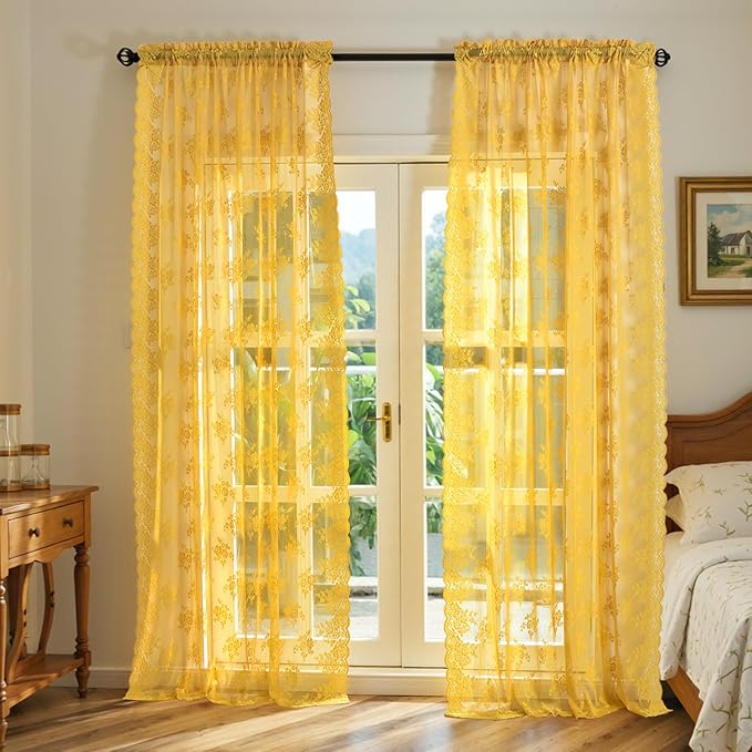 Kotile Mustard Yellow Sheer Curtains 80 Inches Long for Living Room, 2 Panels Rustic Floral Patterned Gold Boho Lace Curtains for Bedroom, Rod Pocket Privacy Vintage Sheer Lace Drapes, 52 x 80 Inch