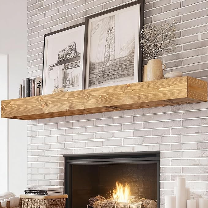 72x8x5 Fireplace Mantel - Handcrafted Rustic Solid Wood Wall Mounted Floating Shelf with Invisible Heavy Duty Wood Bracket (Natural)