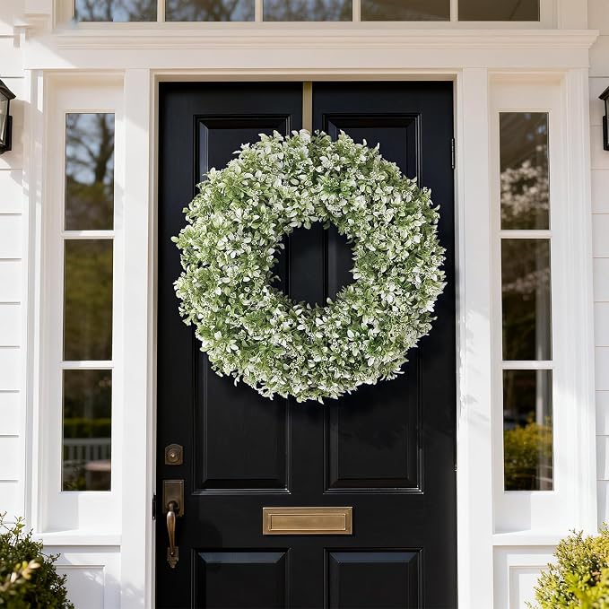 26" Large Artificial Boxwood Wreath for Front Door (White-Green) | Waterproof Fade Resistant,Premium Durable,Faux Aglaia Odorata Wreath,for Wall Window Farmhouse Outdoor All Seasons Decor