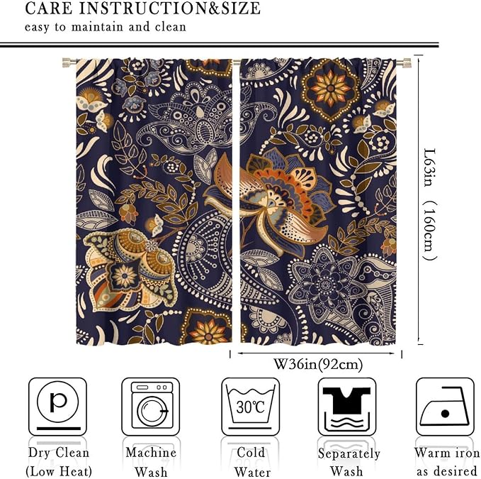 Indian Boho Curtains, Mandala Design Colorful Boho Floral Paisley Curtains, Bedroom Living Room Blackout Decorative Curtains, 2 Panel Set, 72x63 Inch.