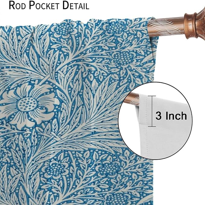 Bohe Vintage Floral Blackout Windows Curtains, William Morris Original Design Blue Flower Pattern Rod Pocket Curtains, for Living Room Bedroom 31.5(W)*72(L) 2 Panels