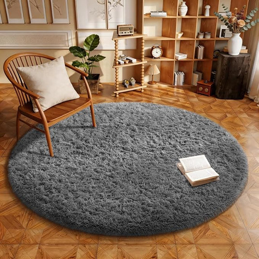 Ophanie Round Rug 5Ft Grey Circle Area Rugs,Fluffy Fuzzy Bedroom Carpet 5 Foot,Plush Shag Indoor Floor Gray Living Room Circular Decor for Kids Teen Boys Baby,Classroom with Over 99 pcs Pile fibers