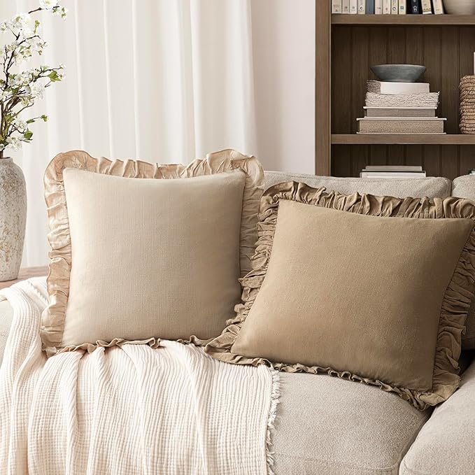 Foindtower Set of 2 Decorative Soild Fringe Ruffle Throw Pillow Covers Soft Boho Farmhouse Cushion Cover Cozy Accent Retro Pillowcase for Couch Sofa Bed Living Room Home Decor,22×22 Inch,Light Tan