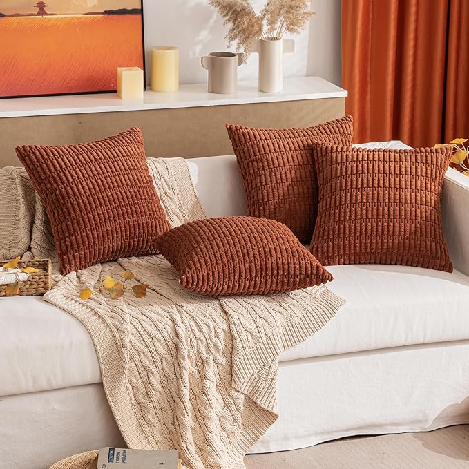 MIULEE Fall Pack of 2 Dark Rust Corduroy Decorative Euro Sham Pillow Covers 26x26 Inch Soft Boho Striped Throw Pillow Covers Modern Farmhouse Home Decor for Sofa Living Room Couch Bed