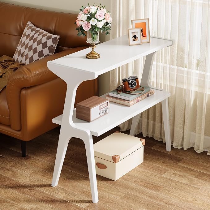Tribesigns Set of 2 Solid Wood End Table, 2-Tier Modern White End Table with Storage Shelves, Tall Slim Side Table for Couch with Unique Legs, Long Bedside Table for Bedroom, Living Room
