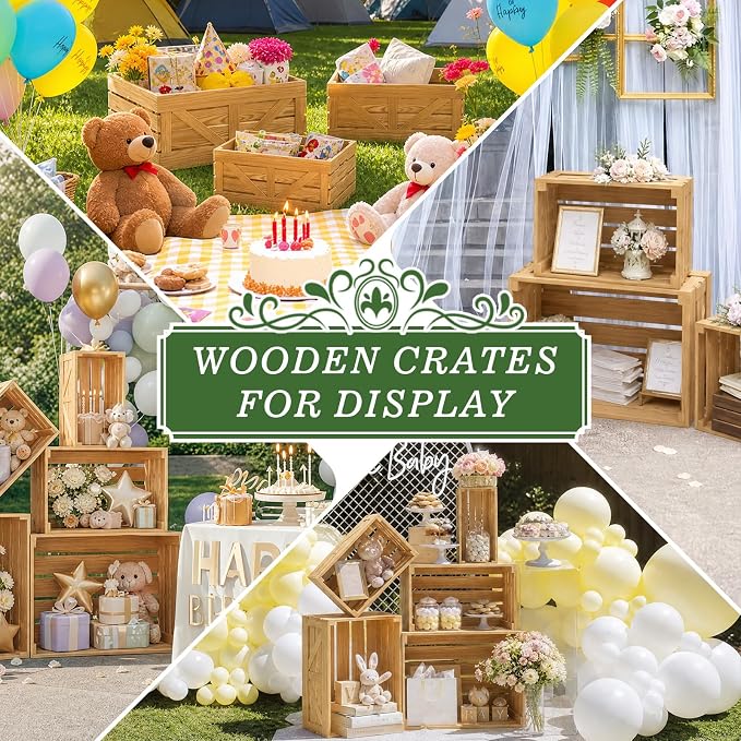 5 Pcs Wooden Crates for Display, Nesting Wood Crate for Storage, 5 Size | Farmhouse Weddings Wooden Basket for Storage Container and Decorations, Rustic Wood Crates for Farmers Market, Birthday, DIY