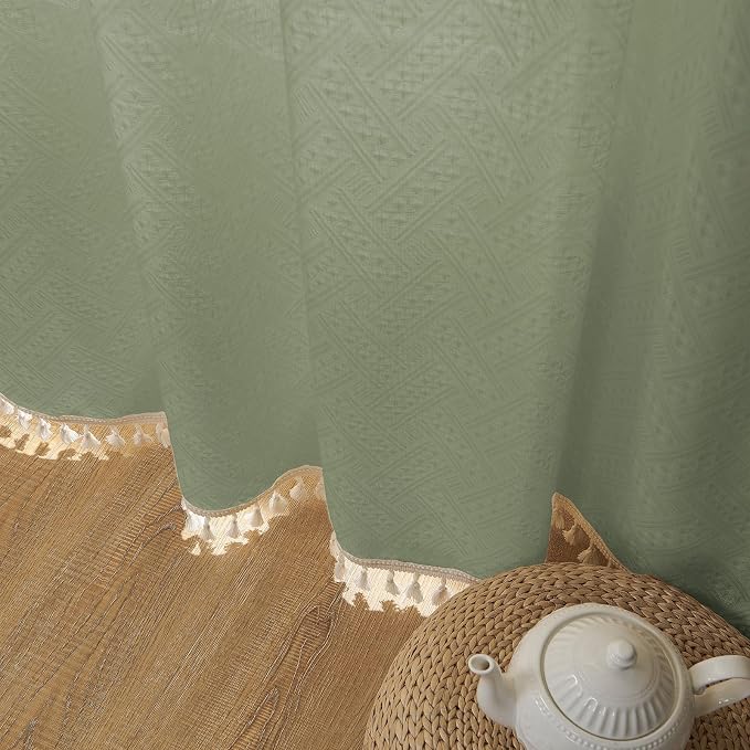 Joydeco Sage Green Boho Curtains 84 Inch Length 2 Panels, Super Soft Bohemian Farmhouse Curtains with Tassels, Semi Sheer Light Filtering Drapes for Bedroom Living Room (Rod Pocket, 52Wx84L)