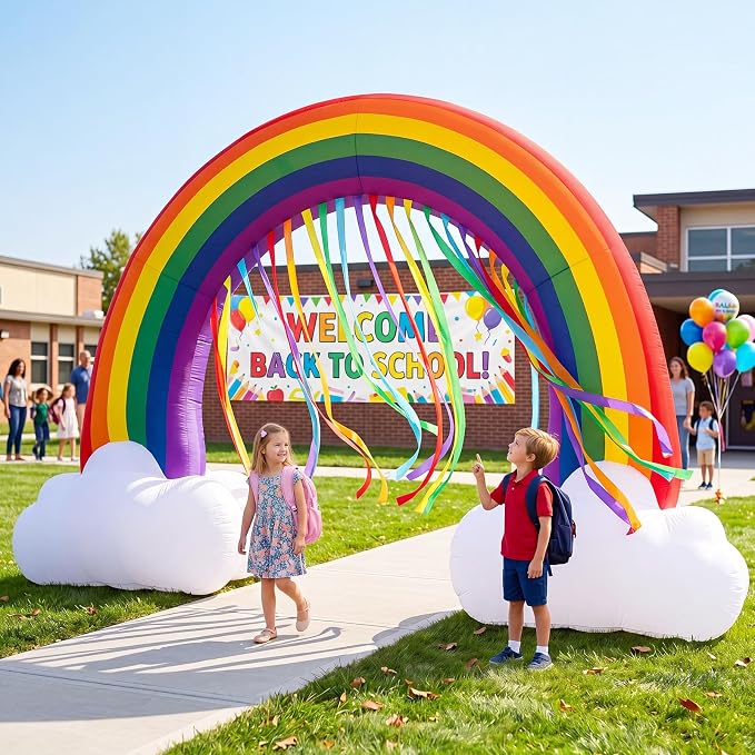 Seenelling 14 FT Giant Inflatable Rainbow Arch with Colored Tassel Decoration Back to School Theme Rainbow Arch Built-in LED Lights for Birthday Baby Shower Yard Outdoor Back to School Lawn Decor