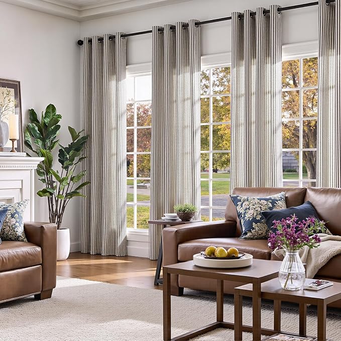 jinchan Linen Curtains 63 Inch Black Stripe on Beige Grommet 2 Panels | Curtains for Living Room Bedroom,Ticking Stripe Pattern,Farmhouse Cottage Core Rustic, Window Treatment,Light Filtering