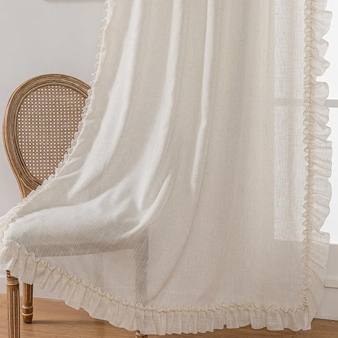 Linen Ruffle Curtains for Living Room, 2 Panels Farmhouse Ruffled Curtains 84 Inches Long, Rod Pocket Privacy Light Filtering Semi-Sheer Cottagecore Window Flowy Scalloped Curtain Drapes, 58 x 84 Inch