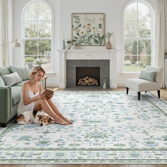 DCX Green 8x10 Rug, Kid & Pet Friendly with Rubber Back Non Slip, Machine Washable Stain Resistant Vintage Boho Floral Rug for Living Room, Bedroom, Soft Low Pile Large Nursery Carpet