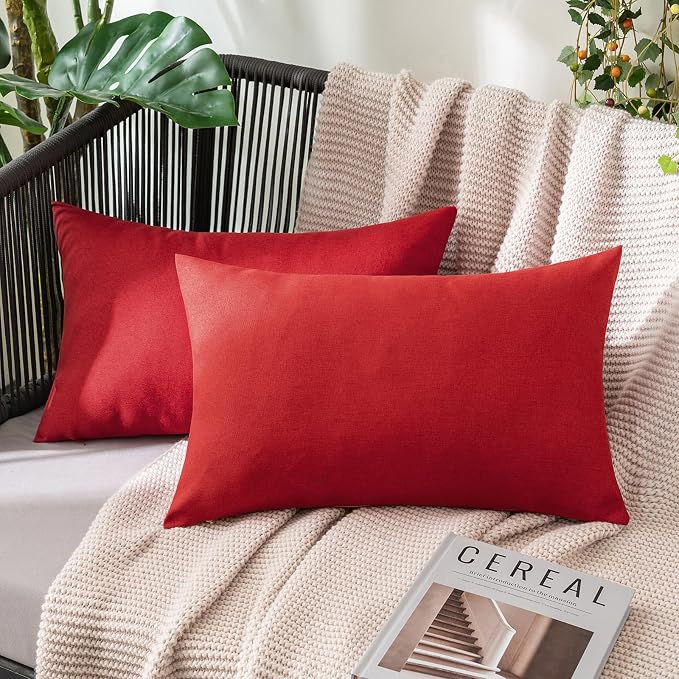 MIULEE Pack of 2 Decorative Outdoor Solid Waterproof Throw Pillow Covers Faux Linen Garden Farmhouse Cushion Cases for Summer Patio Tent Balcony Couch Sofa 20x12 Inch Red