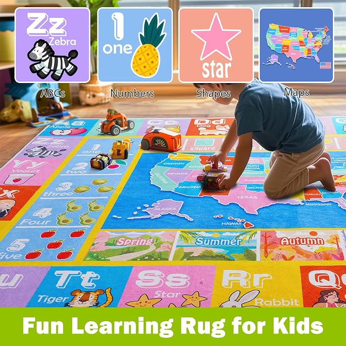 Kids Rugs for Playroom - Soft & Non-Slip 9x12 Feet Educational Rug for Learning ABC Alphabet, Numbers, Shapes & Map, Washable Classroom Rug for Bedroom Nursery & Kids Room Decor