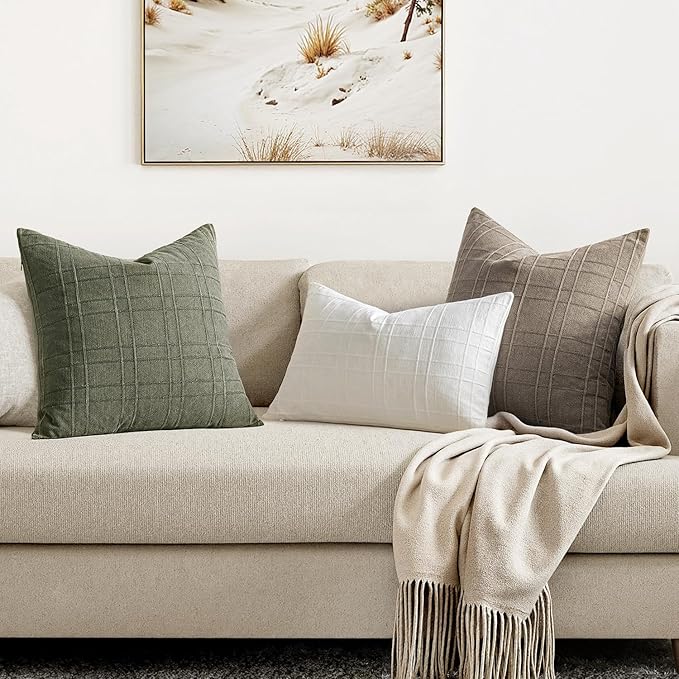 MIULEE Decorative Linen Check Throw Pillow Covers Neutral Farmhouse Vintage Spring Pillow Covers 16x16 Set of 2 Boho Modern Home Decor for Sofa Couch Bedroom Cushion Olive Green