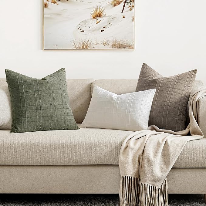 MIULEE Decorative Linen Check Euro Shams Throw Pillow Covers Neutral Farmhouse Vintage Spring Pillow Covers 28x28 Set of 2 Boho Modern Home Decor for Sofa Couch Bedroom Cushion Olive Green