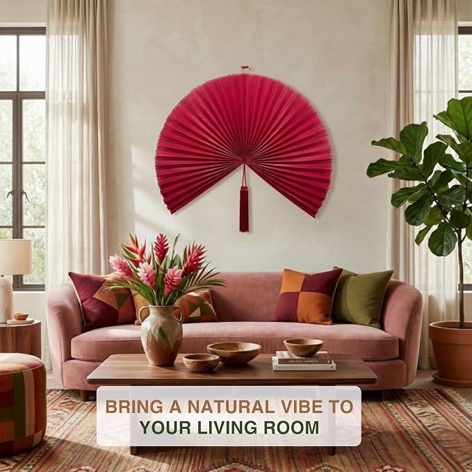 SUCHUBU Handwoven Bamboo Wall Decor, 40" Large Asian Wall Fan for Living Room, Japanese Hanging Art, Rustic Farmhouse Wall Decoration, Sustainable Bamboo Fiber Art (Red, Medium)