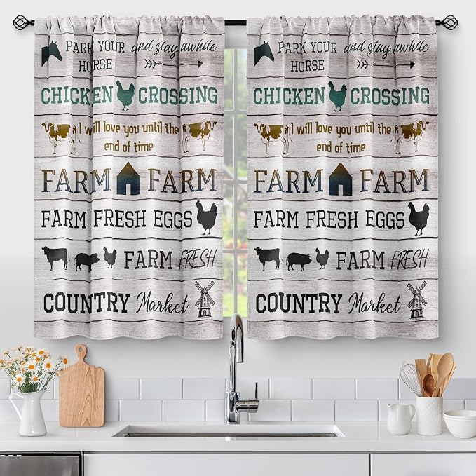 Aimego Farmhouse Country Kitchen Curtains - Farm Rooster Rustic Style Vintage Chicken Short Cafe Curtains Decor Retro Wood Animal Cow Pig Tier Curtains Pocket Window Drapes RV Curtains 2 Panels Set