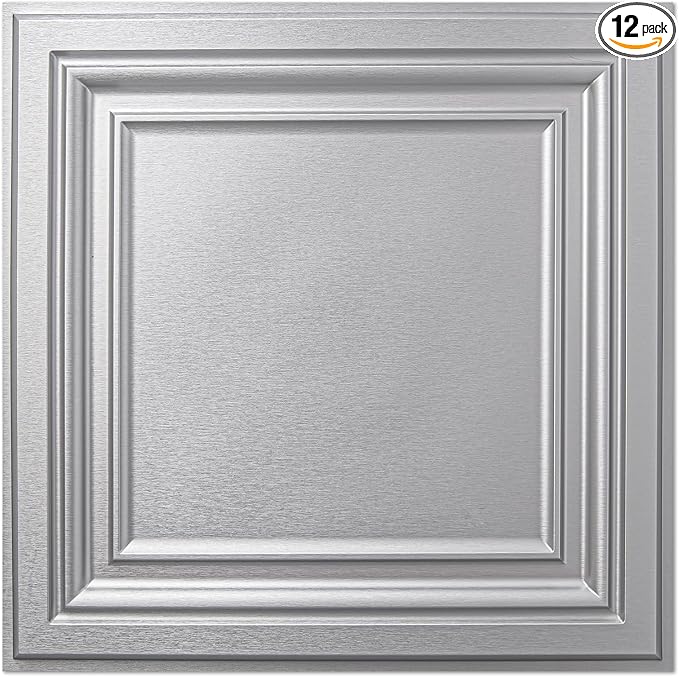 Art3d PVC Ceiling Tiles, 2'x2' Plastic Sheet in Argent Silver (12-Pack)