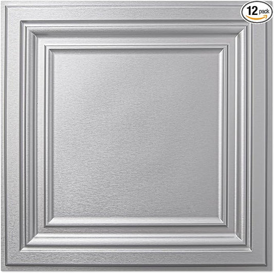 Art3d PVC Ceiling Tiles, 2'x2' Plastic Sheet in Argent Silver (12-Pack)