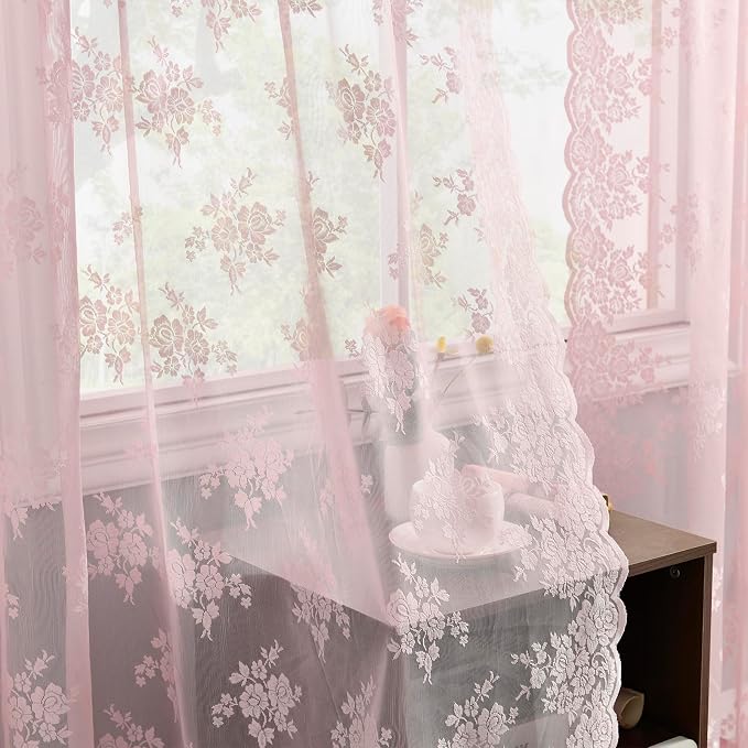 Kotile Pink Lace Curtains 63 Inch Length, 2 Panles, W42 x L63 Inch Each, Cottagecore Floral Pink Sheer Curtains for Girls Bedroom, Rod Pocket Privacy Light Filtering Vintage Lacy Curtain for Windows